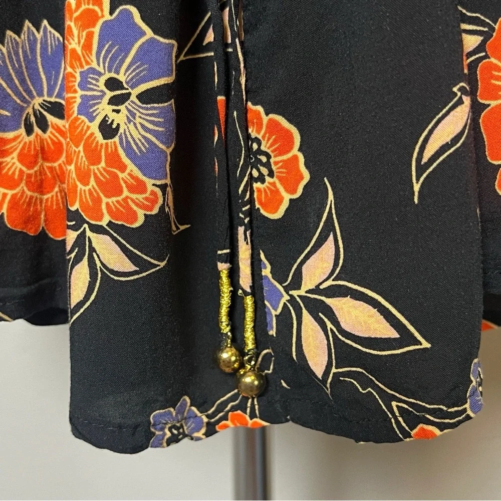 •FREE PEOPLE• Edie Oversized Open Back Hi Low Tunic‎ Top in Black Floral Size XS
